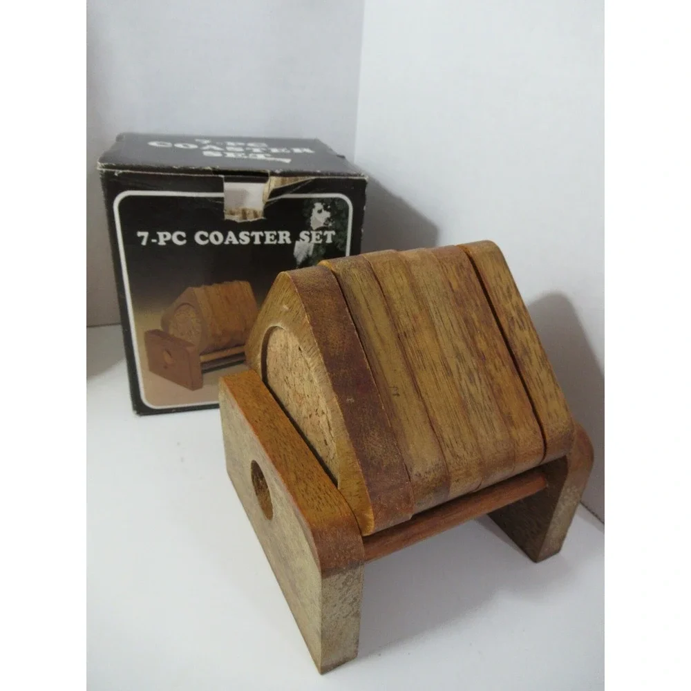 Vintage wood cork coaster set w/ stand in box Clorwood dist. Taiwan